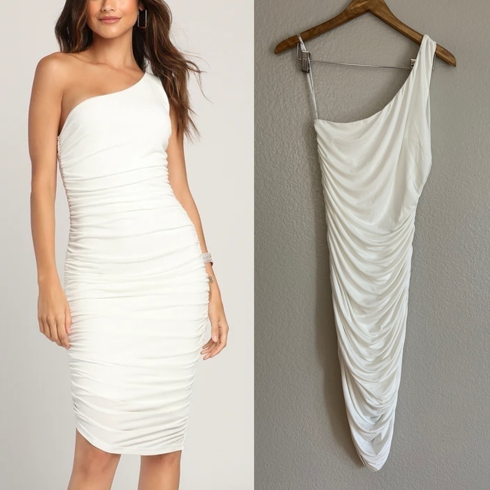 NWOT Total Appeal White Ruched One-Shoulder Bodycon Midi Dress